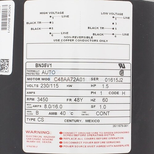 Magnetek 1.5 H.P 230/115V Thru Bolt Motor (BN35, BN35SS, BN35V1)